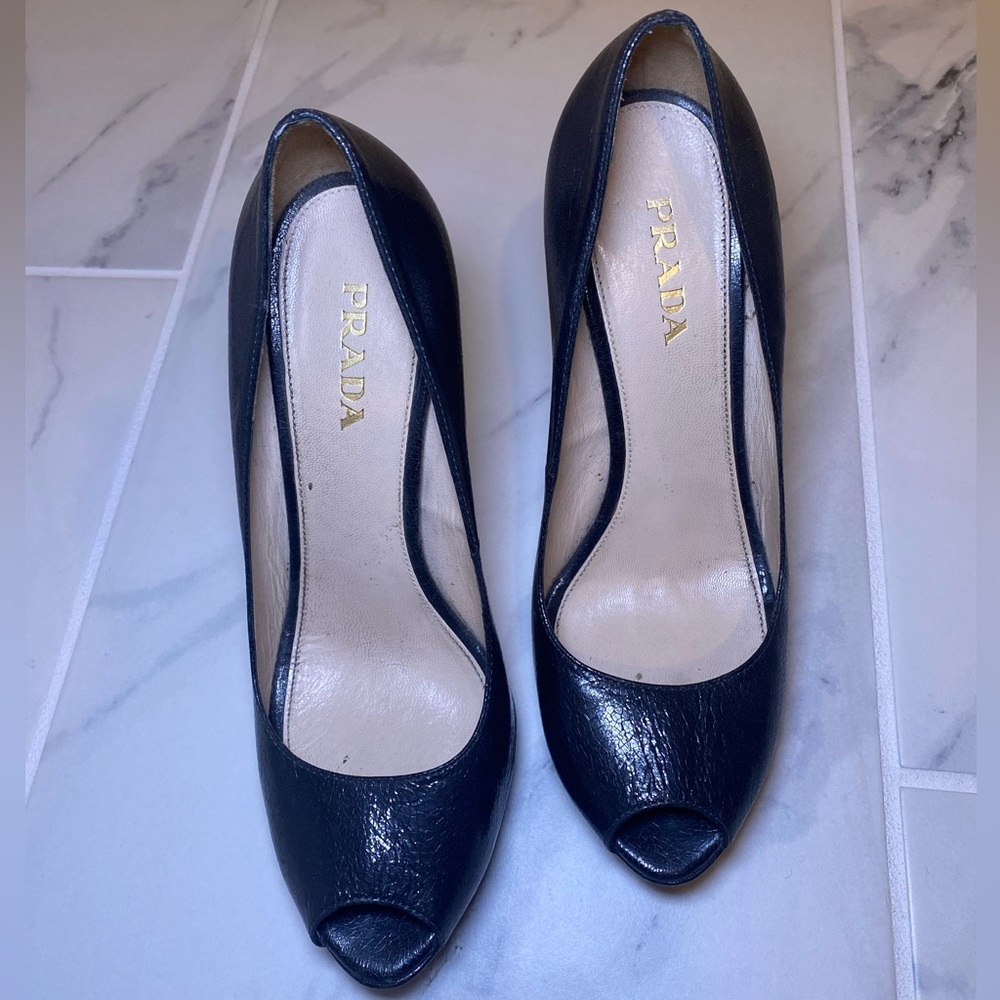 PRADA — black platform peep toe heels — size 39.5